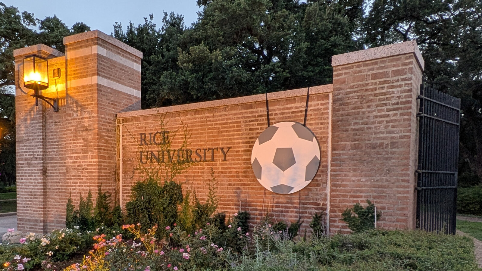 Rice front gate installation with soccer-ball projection surface